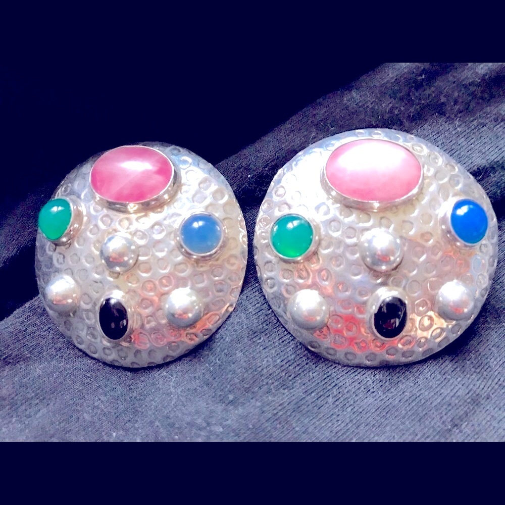 NWT 2” Sterling Silver 925 artisan earrings large handmade clip-on many gemstone